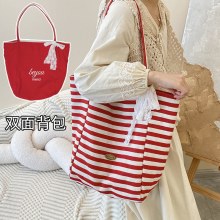 ストライプキャンバスバッグ2024新しい韓国スタイルイントートカジュアルバッグシングルショルダー大容量トートバッグショッピングバッグ