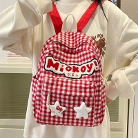 赤いバックパックチェック柄漫画日本のかわいい学生バックパック旅行春の外出スナックバッグ