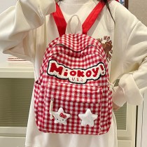 赤いバックパックチェック柄漫画日本のかわいい学生バックパック旅行春の外出スナックバッグ