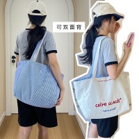大容量トートバッグ 表裏両面ストライプ ショルダーバッグ 質感刺繍 学生キャンバスバッグ 通勤バッグ