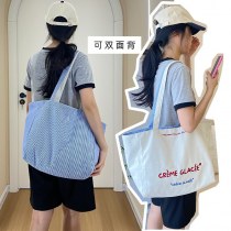 大容量トートバッグ 表裏両面ストライプ ショルダーバッグ 質感刺繍 学生キャンバスバッグ 通勤バッグ