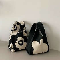 新しい レディース バッグハンドバッグニットバッグバケットバッグ日本語と韓国語バージョンハンドトートバッグランチバッグブラックフラワーカジュアル