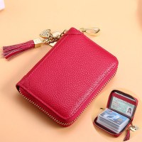 女性用カードホルダー、複数のカードスロット、牛革、盗難防止ブラシ、RFID、本革、消磁カードホルダー、ジッパー、クレジット運転免許証