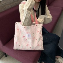 ストライプ二層ショルダーバッグ大容量小さなトレンディな猫カレッジスタイルハンドヘルドトートバッグ怠惰な風キャンバスバッグ