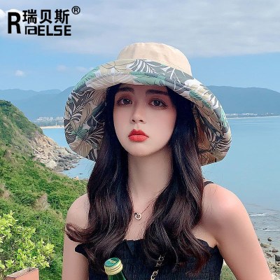 女性用両面フィッシャーマンハット、春 夏 の韓国風プリントの顔を覆う大きなつばの帽子、アウトドアファッション、多用途の日よけ帽子、トレンディです。