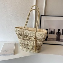 ストローバッグ ビーチバッグ 夏手織りバッグ ハンドバッグ 紙ロープ タッセル付き ショルダー レディース ストローバッグ