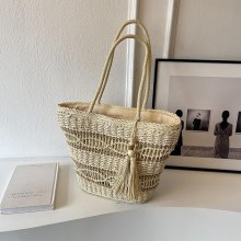 ストローバッグ ビーチバッグ 夏手織りバッグ ハンドバッグ 紙ロープ タッセル付き ショルダー レディース ストローバッグ
