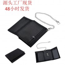 折りたたみ盗難防止チェーン メンズ 小銭入れブラック三つ折り小さな財布ジッパーキーホルダーカードスロットマネーバッグ