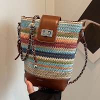 麦わらコントラストカラー多用途バケットバッグ女性のための 2024 夏シンプルな質感の脇の下バッグ人気の織られた携帯電話バッグ