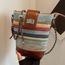 麦わらコントラストカラー多用途バケットバッグ女性のための 2024 夏シンプルな質感の脇の下バッグ人気の織られた携帯電話バッグ