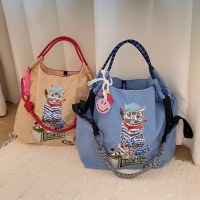 日本画家猫刺繍ショッピングバッグ大容量ナイロン環境に優しいバッグポータブルショルダークロスボディバッグ