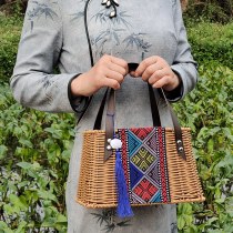 手作り模造籐バッグ、エスニックスタイル、ブロケード刺繍、レトロ禅茶スーツハンドバスケット、エスニックスタイルハンドバスケット