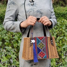 手作り模造籐バッグ、エスニックスタイル、ブロケード刺繍、レトロ禅茶スーツハンドバスケット、エスニックスタイルハンドバスケット