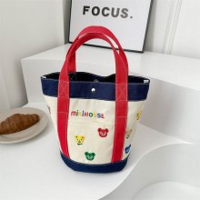 カジュアルシンプルなキャンバスバッグ新しいレディースバッグ漫画刺繍動物レターバッグ和風カラーマッチングハンドバッグランチバッグ