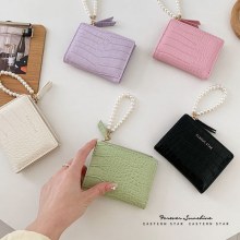 財布持って〜！イン シンプル 韓国風 ファッション クロコダイル柄 パールチェーン 折りたたみ小銭入れ レディース財布