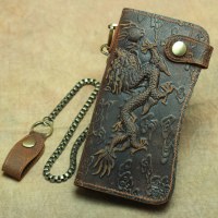 レトロメンズドラゴン柄クラッチ本革ロング盗難防止財布クレイジーホースレザーメンズバッグキーリングメンズ財布