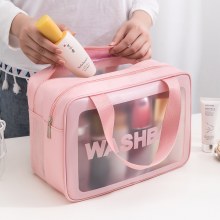 PU 二層化粧品バッグ、大容量、多機能乾湿分離トイレタリーバッグ、ポータブル旅行手持ち収納バッグ、防水