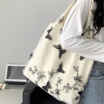 超美しい刺繍黒蝶キャンバスバッグレース妖精カジュアル 旅行 レディースバッグ文学大容量多用途ショルダーバッグ
