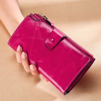 本革ロングレディース財布 rfid 盗難防止スワイプマルチカードスロット財布レトロオイルワックスレザーガールのクラッチバッグ