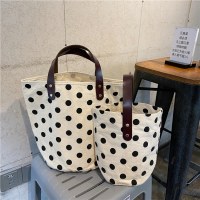 フレンチレトロポルカドットキャンバスバッグランチボックスポータブルバケットバッグ女性用