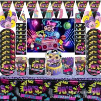 90 年代のパーティー用品 紙皿 紙コップ ティッシュ ライス クリスピーボックス テーブルクロス ペナント 使い捨て誕生日パーティー食器
