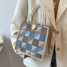 チェック柄キャンバスポータブルリネンバッグファッショナブルなハンドランチボックスランチバッグイン学生小さなショルダーバッグ女性のための