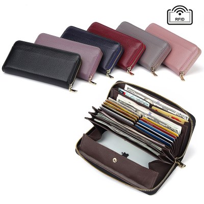 女性用RFID盗難防止ブラシ長財布、高級、大容量、マルチカードスロット、本革クラッチバッグ、多機能クラッチバッグ
