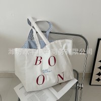 大容量トートバッグ 前後両面ストライプ刺繍ショルダーキャンバスバッグ