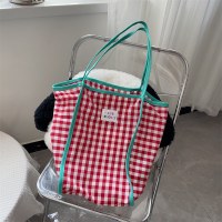 文学ドーパミンカラーブロックチェック柄ショルダーバッグ通勤大容量トートバッグ軽量布バッグ