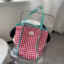 文学ドーパミンカラーブロックチェック柄ショルダーバッグ通勤大容量トートバッグ軽量布バッグ