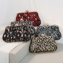 レトロレディースバッグ 2024 新しいクラッチバッグ女性の刺繍スパンコールヒョウ柄イブニングバッグ宴会ハンドバッグ
