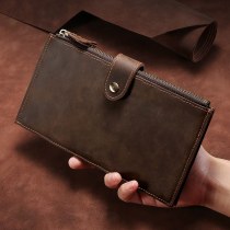 複数のカードスロットを備えた本革 メンズ 長財布、RFID消磁防止、携帯電話を収納できる盗難防止ブラシジッパーウォレット