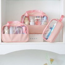 新しい透明化粧品トイレタリーバッグポータブル pu バスバッグ防水大容量収納袋 pvc スプライシング化粧品袋