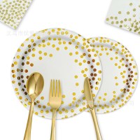 ゴールド水玉白ホットスタンプ紙皿パーティーセット使い捨て紙皿紙コップペーパータオル食器プレートパーティー