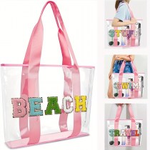 大容量 防水PVCタオル刺繍文字透明ビーチバッグハンドバッグストリートファッションショルダートートバッグ