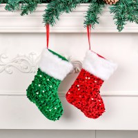 新しいスパンコールぬいぐるみホワイトエッジスパンコールクリスマスストッキング装飾お祝いクリスマスツリーキャンディーバッグペンダントクリスマスギフトバッグ