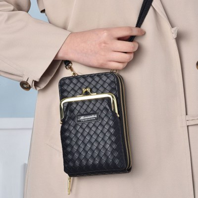 女性用の新しい 携帯 電話バッグ、シンプルな韓国スタイルの財布、ダブルジッパーバッグ、ライチ柄のシングルショルダークロスボディバッグ