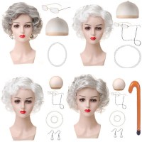 ハロウィンおばあちゃんウィッグコスおばあちゃんショートウェーブヘア中年おじいちゃんドレスアップウィッグセット