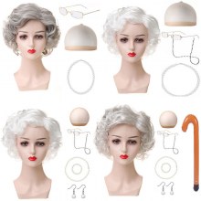 ハロウィンおばあちゃんウィッグコスおばあちゃんショートウェーブヘア中年おじいちゃんドレスアップウィッグセット
