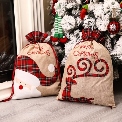 クリスマスキャンディーバッグかわいいクリスマスギフトバッグリネン トートバッグ クリスマスチェック柄エッジ巾着ポケット装飾卸売