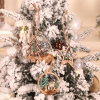 クリエイティブな新しいクリスマスツリー立体中空ヘラジカペンダントクリスマスカラフルな木製ラウンド吊り飾りの6点セット
