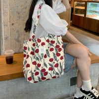 新しいトートバッグ、大容量、スタイリッシュな花柄キャンバスショルダーバッグ、ポータブル女子学生ショッピングバッグ