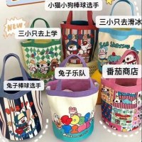 キャンバスバケツバッグかわいい落書き子供のようなイラストポータブルラウンドバケツママ収納袋ランチバッグ仕事用小さなバッグ