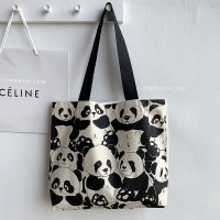 かわいいパンダキャンバスバッグ女性のショルダー中国風大容量ジッパーキャンバスバッグハンドショッピングバッグ両面印刷