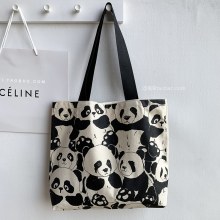 かわいいパンダキャンバスバッグ女性のショルダー中国風大容量ジッパーキャンバスバッグハンドショッピングバッグ両面印刷