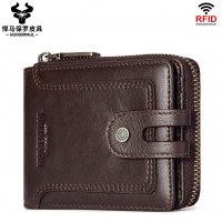 RFID 盗難防止ブラシメンズ本革財布第一層牛革ショート小銭入れジッパーヨーロッパとアメリカのレトロレザーメンズバッグ