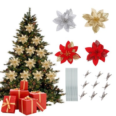 クリスマス装飾ゴールドピンクの花クリスマスツリーアクセサリー 15 センチメートルゴールドとシルバー赤中空クリスマスフラワー