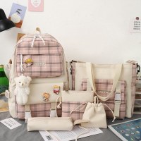 新しい和風かわいいチェック柄小学生バッグ女性韓国語バージョントレンディなキャンパスバックパック 5 点セットバックパック