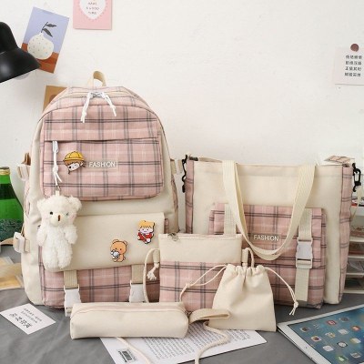 新しい和風かわいいチェック柄小学生バッグ女性韓国語バージョントレンディなキャンパスバックパック 5 点セットバックパック