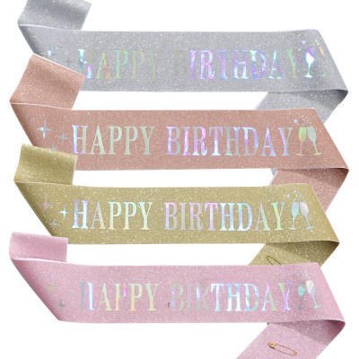 ヨーロッパとアメリカの新しいファッション HAPPY BIRTHDAY リボン儀式用ベルトグリッター布ブロンズ ショルダーストラップ 誕生日ドレス